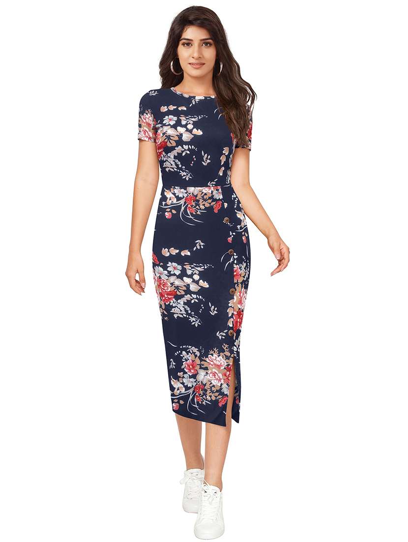 women floral print short sleeve bodycon dress