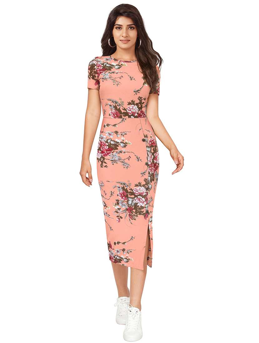 women floral print short sleeve bodycon dress