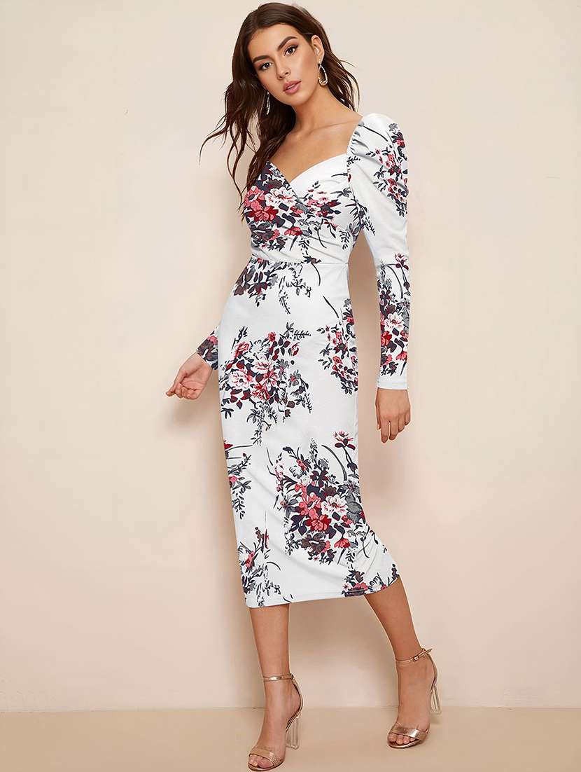 women floral print puff sleeve bodycon dress - 22254475 -  Standard Image - 1