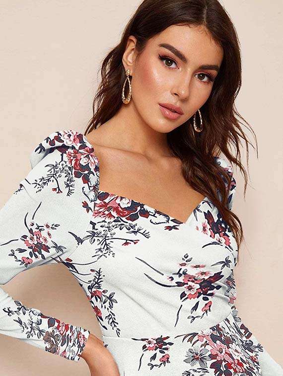 women floral print puff sleeve bodycon dress - 22254475 -  Standard Image - 4