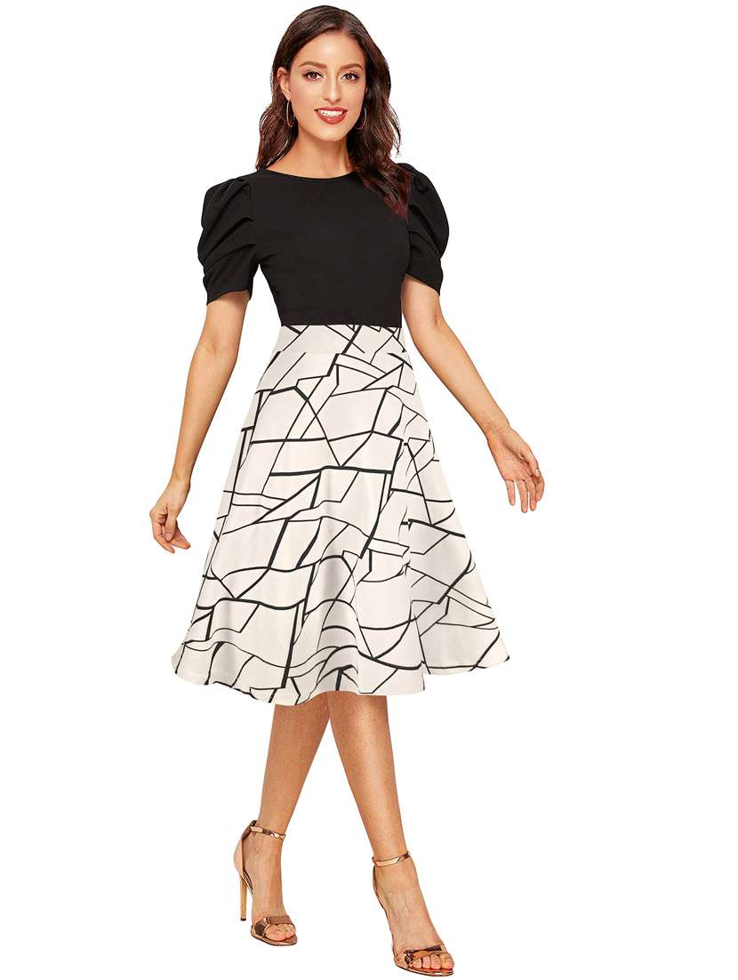 women printed puff sleeve fit & flare dress - 22254476 -  Standard Image - 1