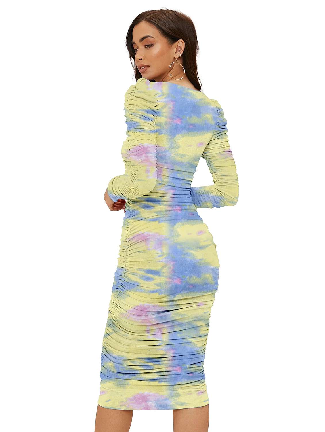 women printed puff sleeve ruched bodycon dress - 22254477 -  Standard Image - 1