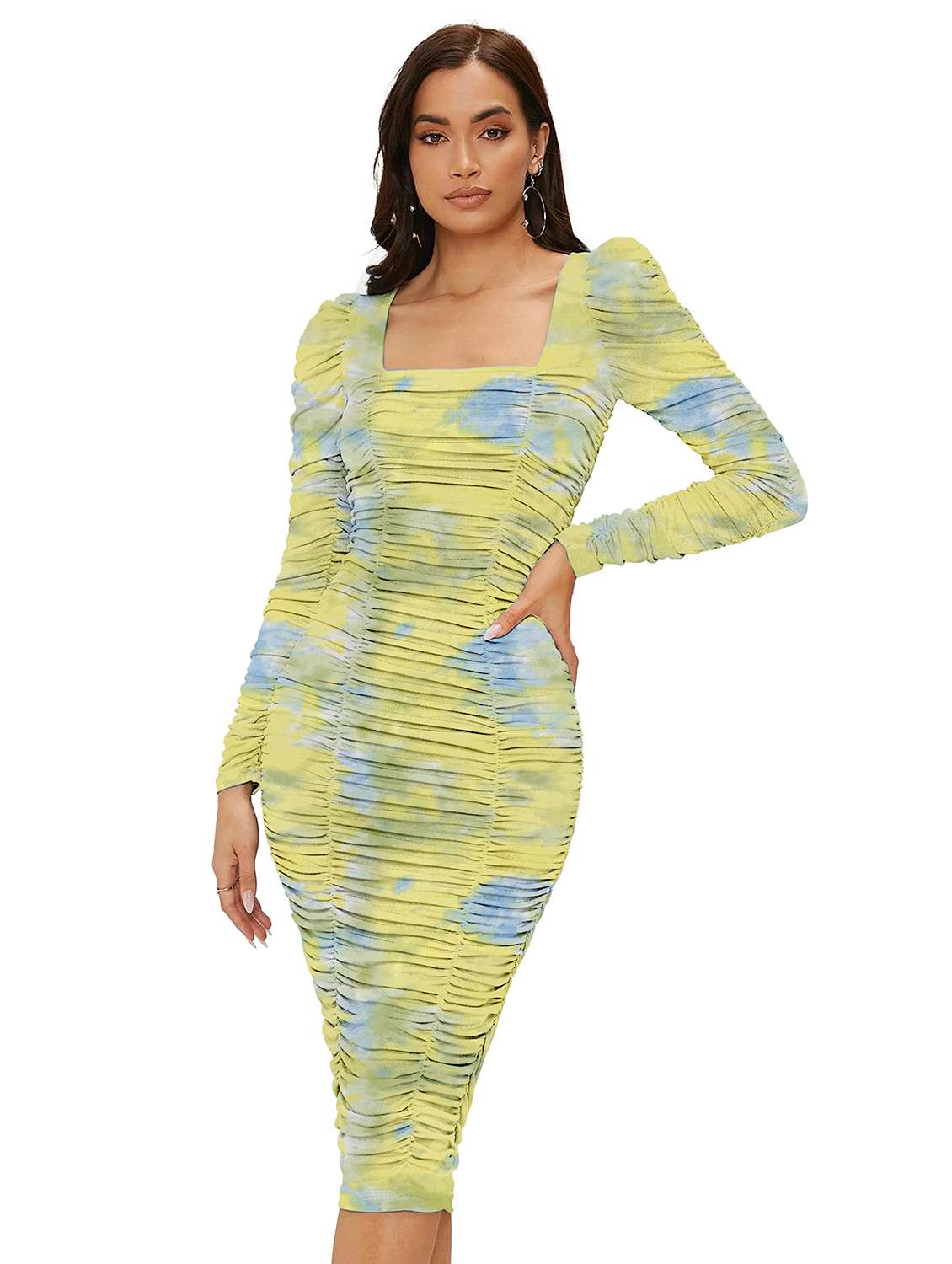 women printed puff sleeve ruched bodycon dress