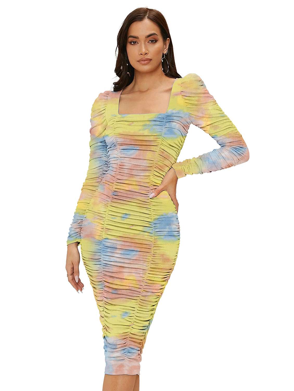 women printed puff sleeve ruched bodycon dress
