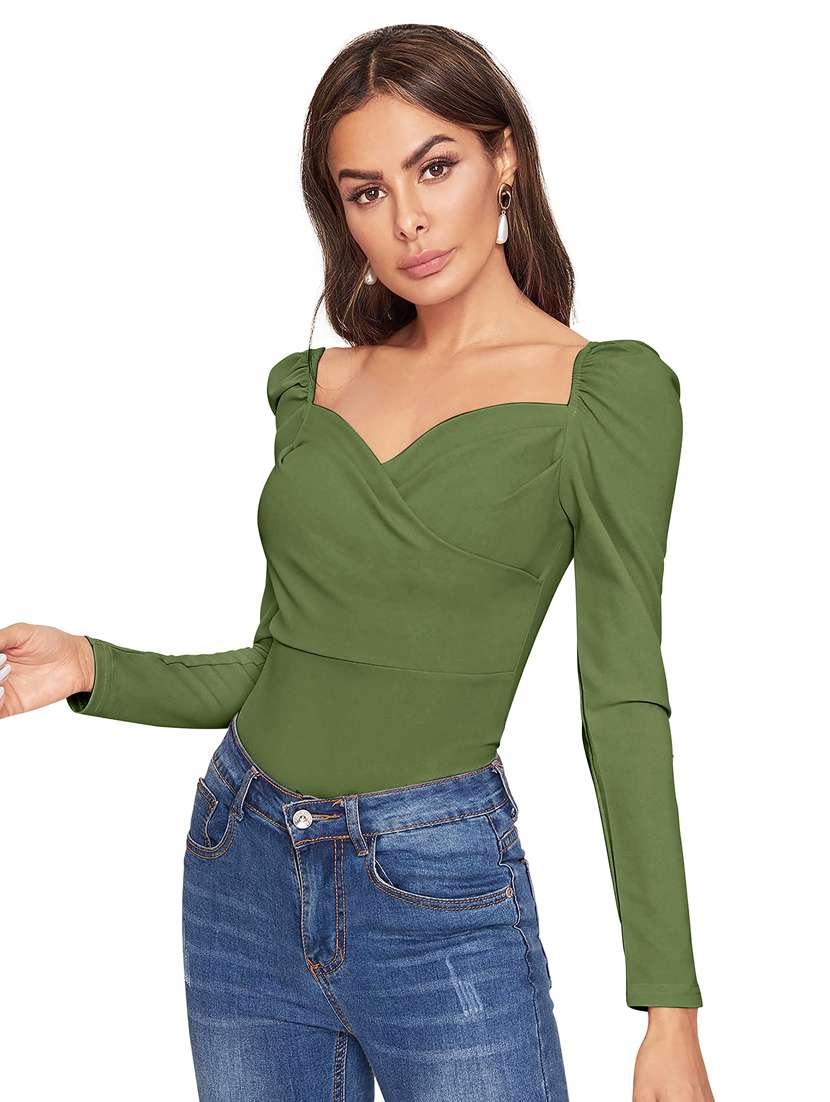 women solid puff sleeve straight top - 22254482 -  Standard Image - 1