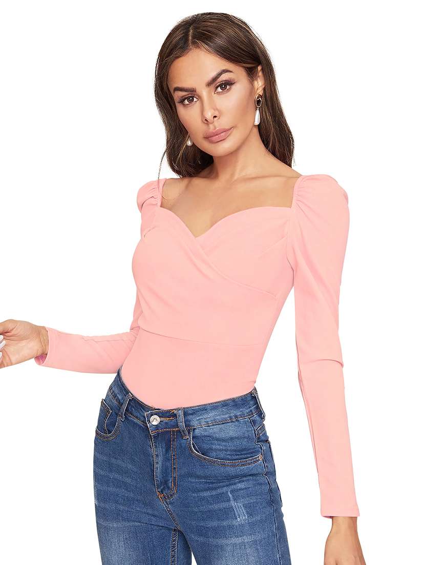 women solid puff sleeve straight top - 22254483 -  Standard Image - 1