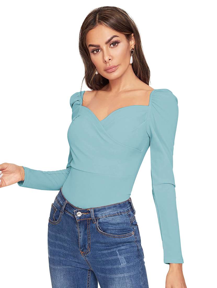 women solid puff sleeve straight top - 22254484 -  Standard Image - 1