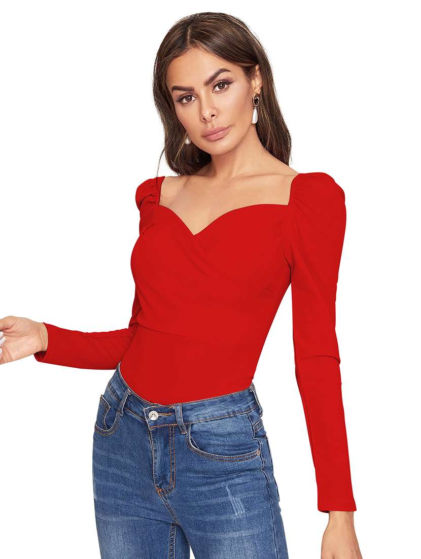 women solid puff sleeve straight top - 22254485 -  Standard Image - 1