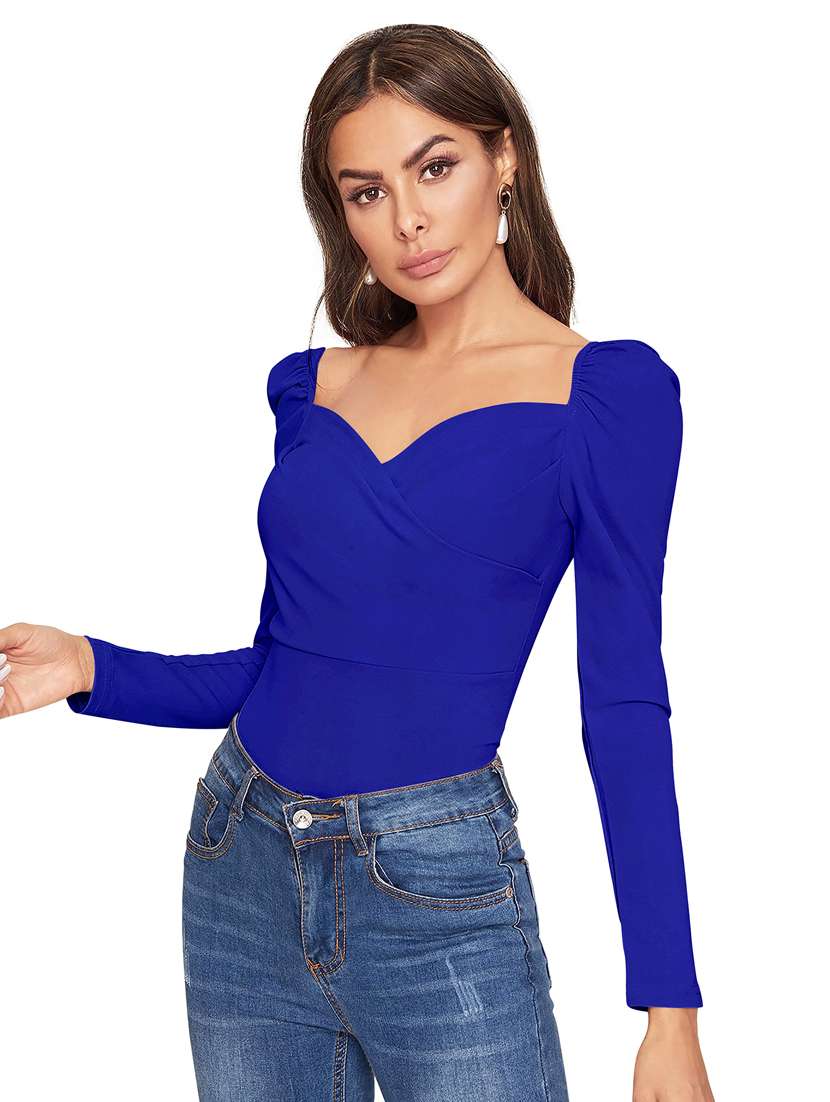 women solid puff sleeve straight top - 22254486 -  Standard Image - 1