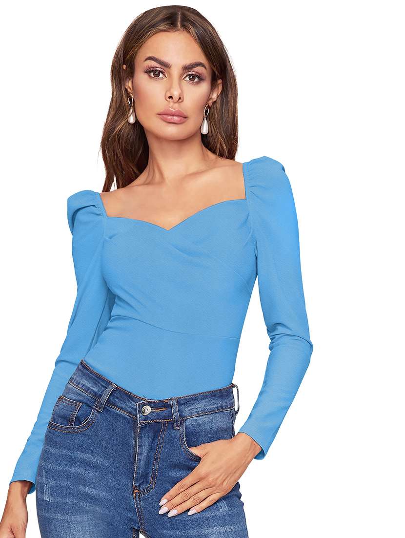women solid puff sleeve straight top