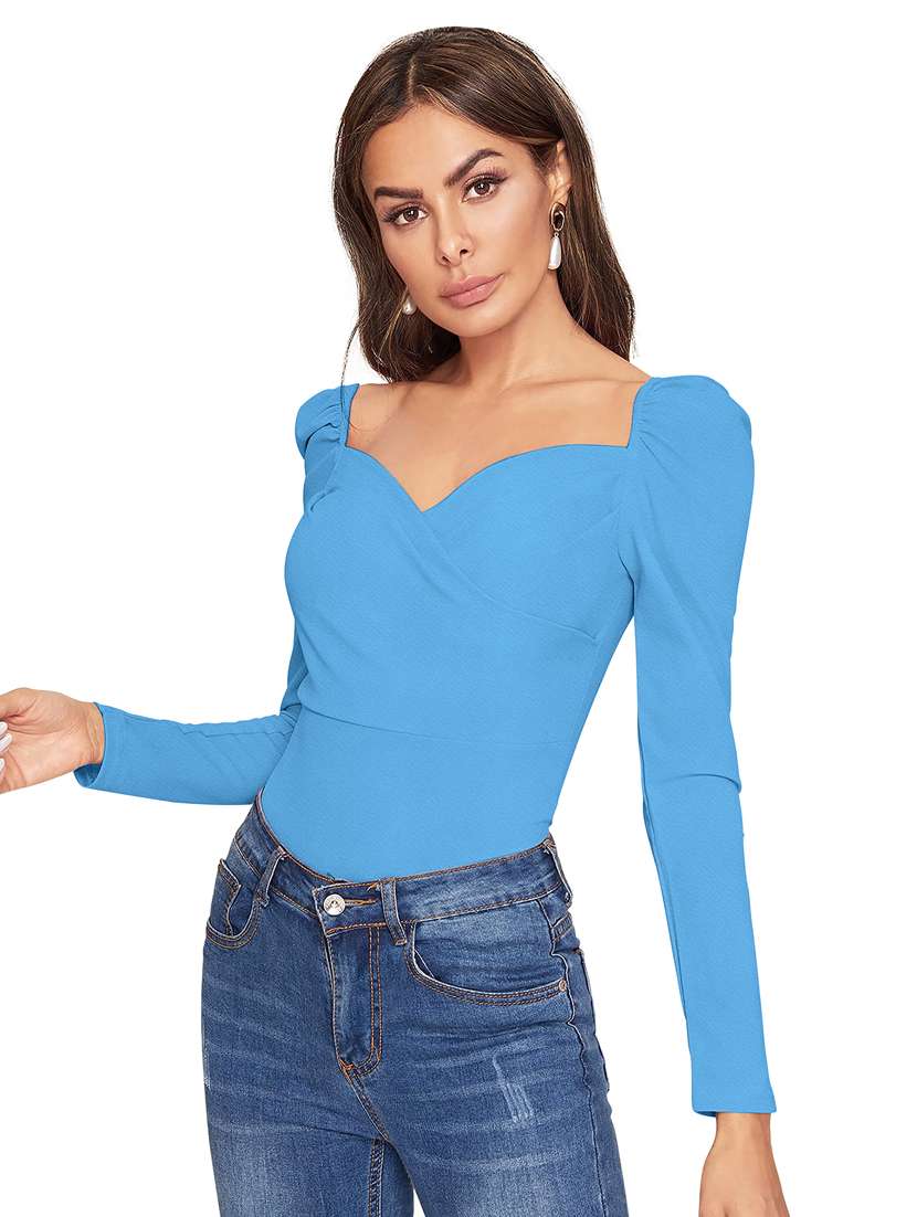 women solid puff sleeve straight top - 22254487 -  Standard Image - 1