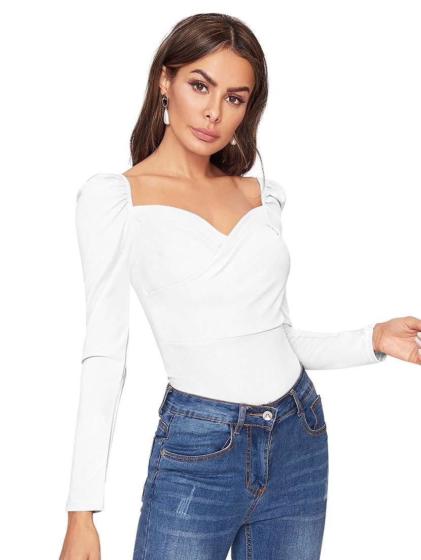 women solid puff sleeve straight top - 22254488 -  Standard Image - 1