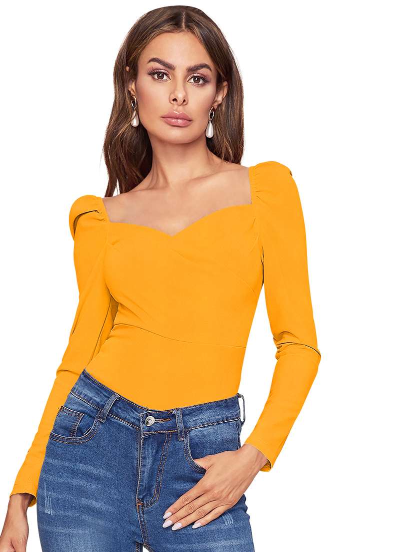 women solid puff sleeve straight top