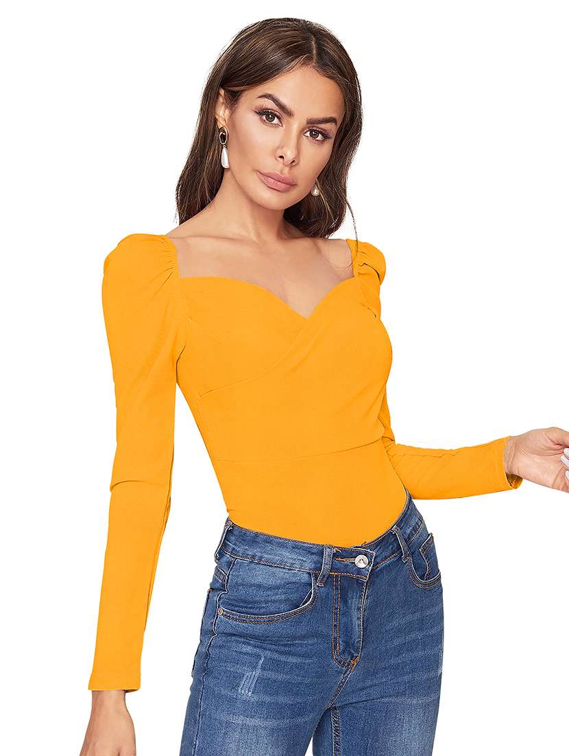 women solid puff sleeve straight top - 22254489 -  Standard Image - 1