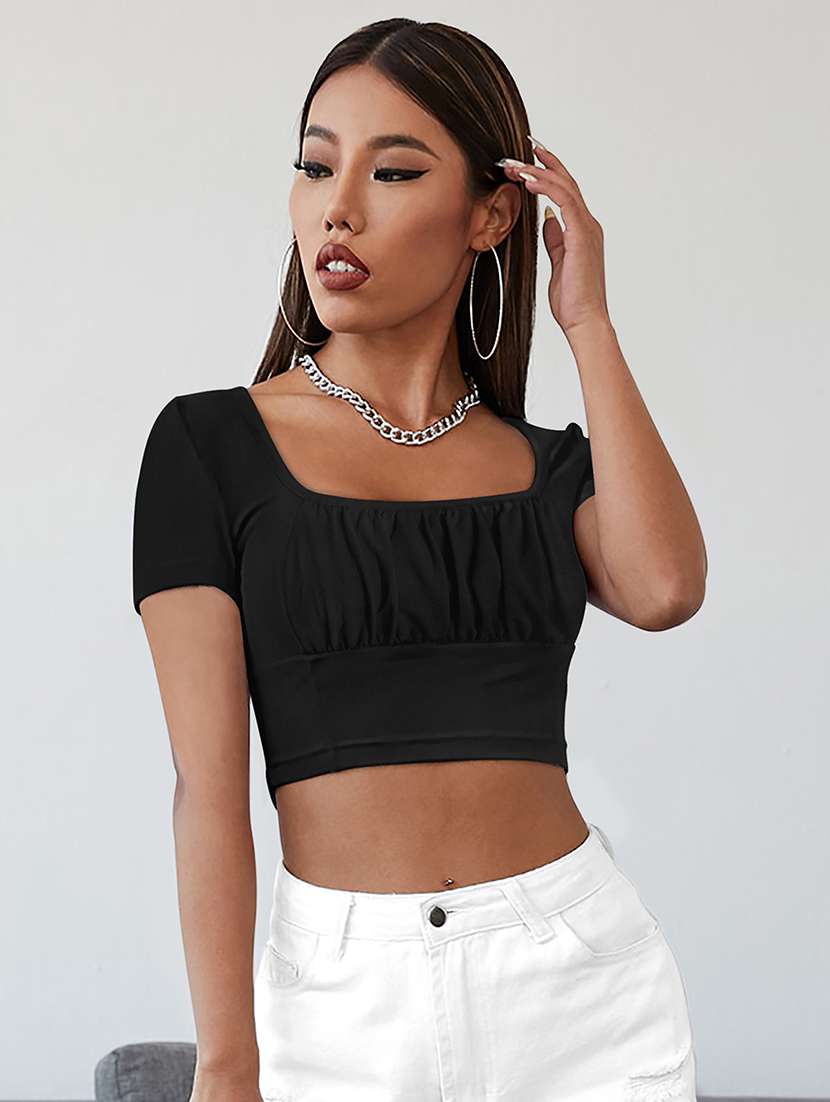 women solid puff sleeve crop top