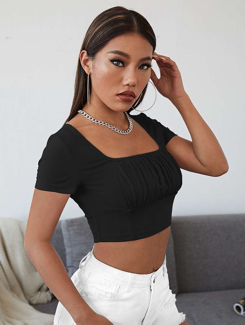 women solid puff sleeve crop top - 22254490 -  Standard Image - 1