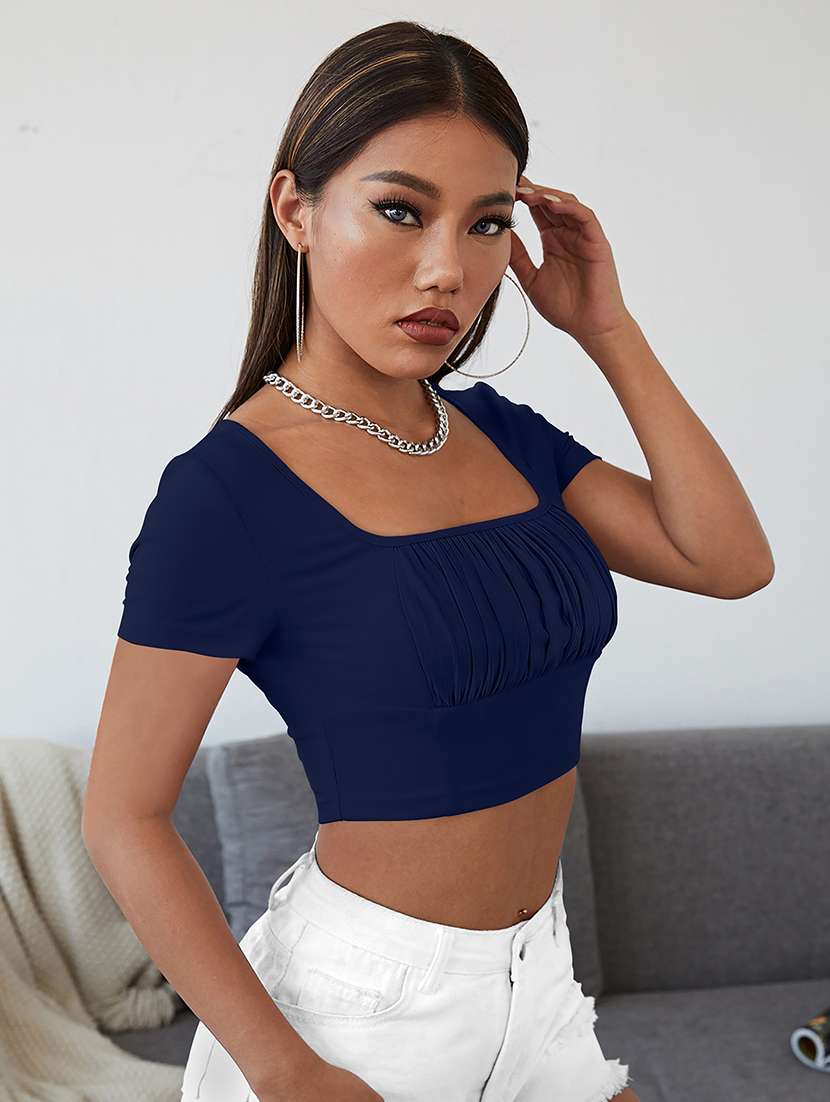 women solid puff sleeve crop top - 22254491 -  Standard Image - 1