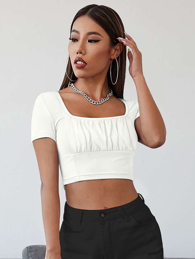 women solid puff sleeve crop top
