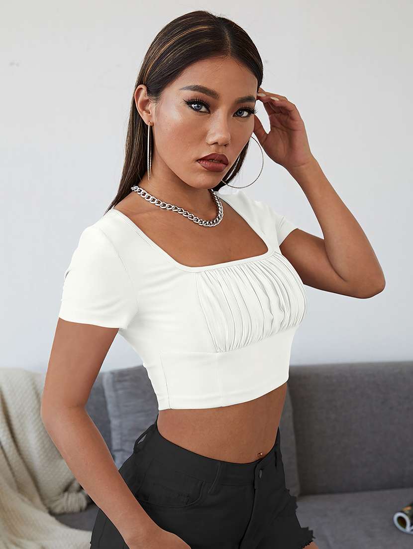 Women Solid Puff Sleeve Crop Top - 22254493 -  Standard Image - 1