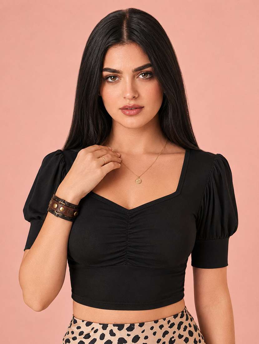 women solid puff sleeve crop top - 22254497 -  Standard Image - 1