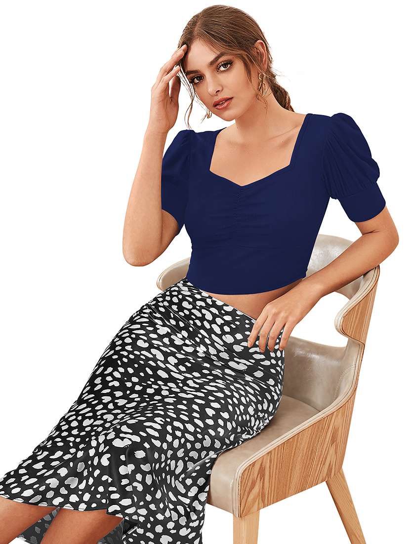 women solid puff sleeve crop top - 22254498 -  Standard Image - 1