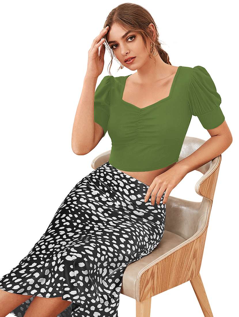 women solid puff sleeve crop top - 22254500 -  Standard Image - 1