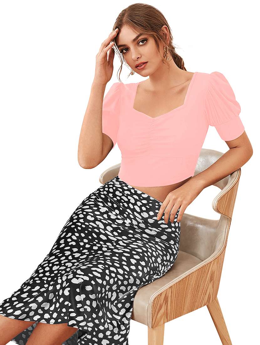 women solid puff sleeve crop top - 22254501 -  Standard Image - 1