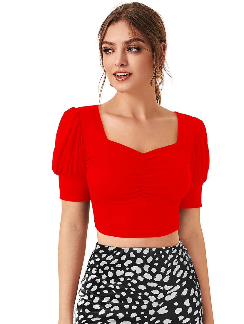 women solid puff sleeve crop top