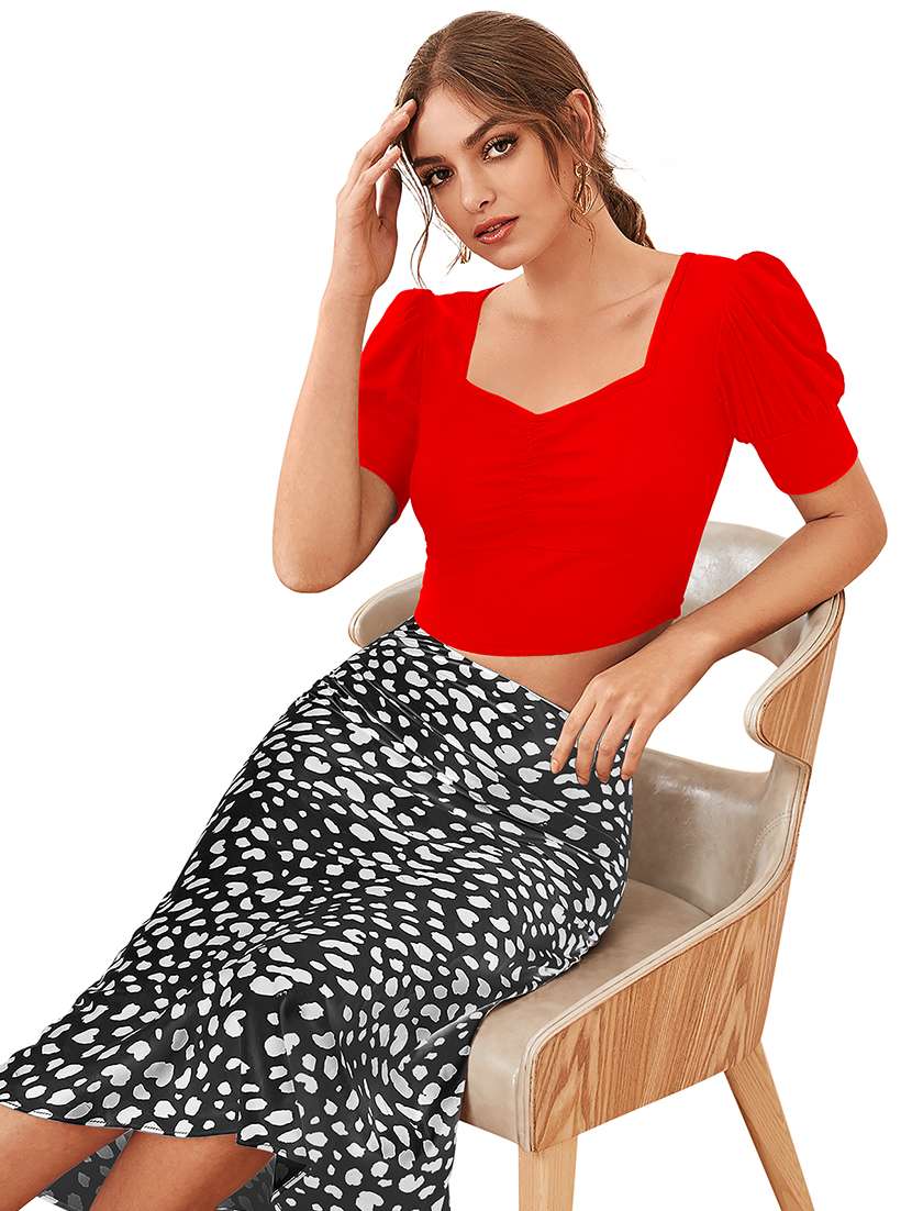 women solid puff sleeve crop top - 22254503 -  Standard Image - 1