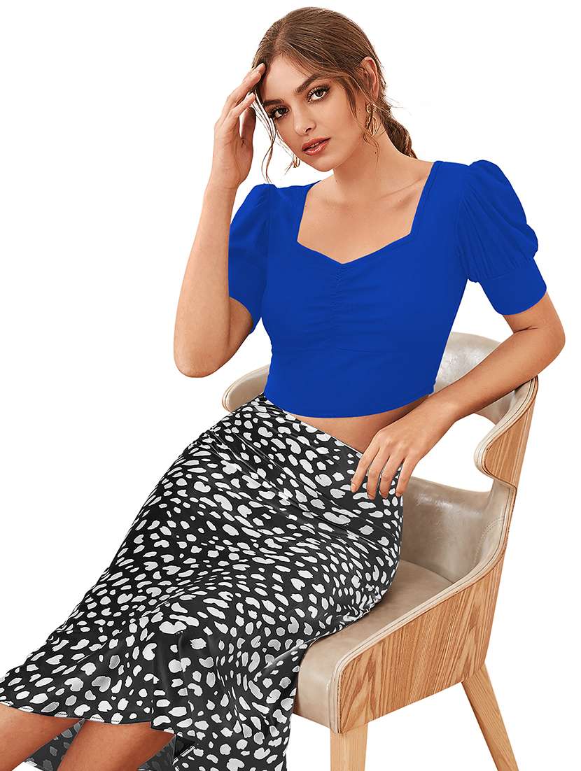 women solid puff sleeve crop top - 22254504 -  Standard Image - 1