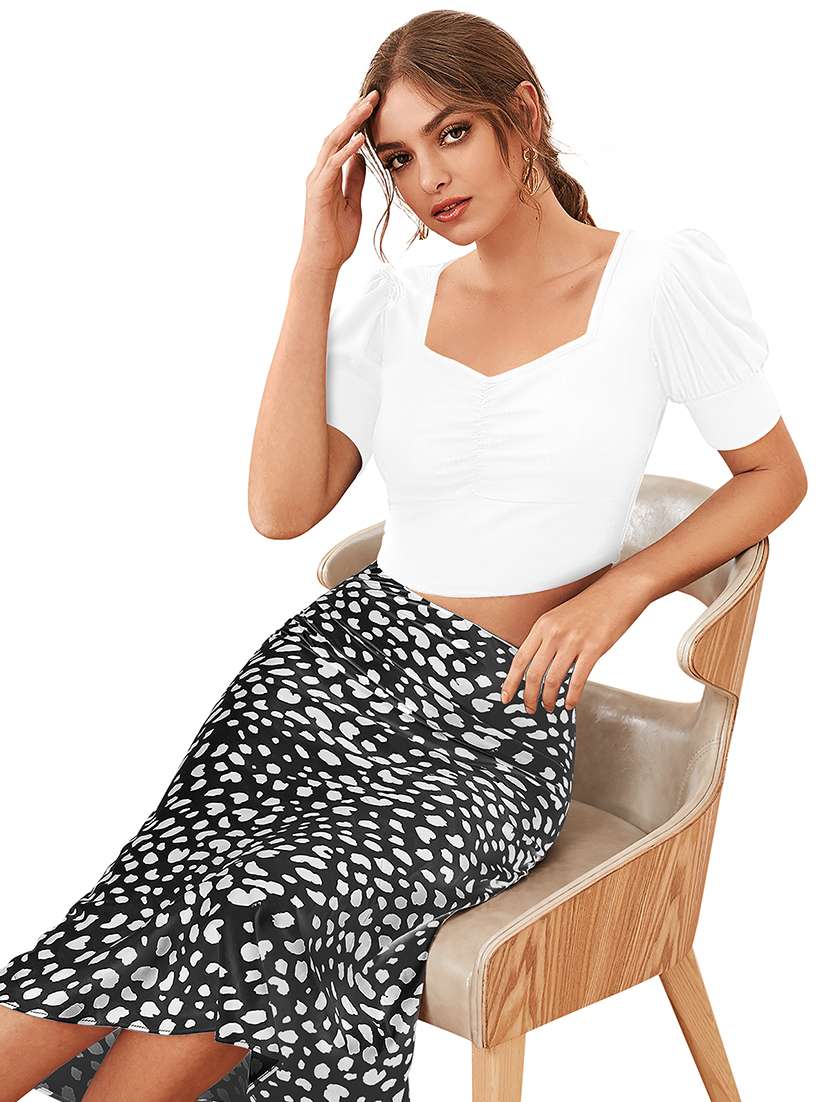 women solid puff sleeve crop top - 22254505 -  Standard Image - 1