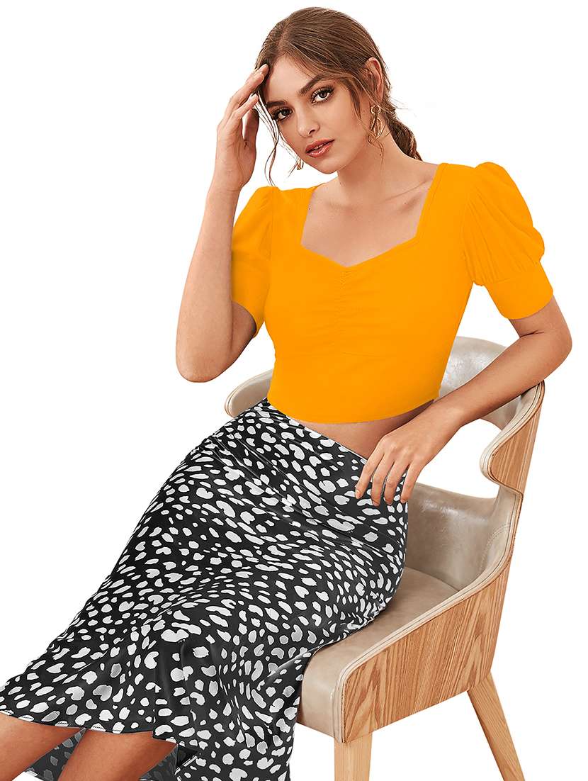 women solid puff sleeve crop top - 22254506 -  Standard Image - 1