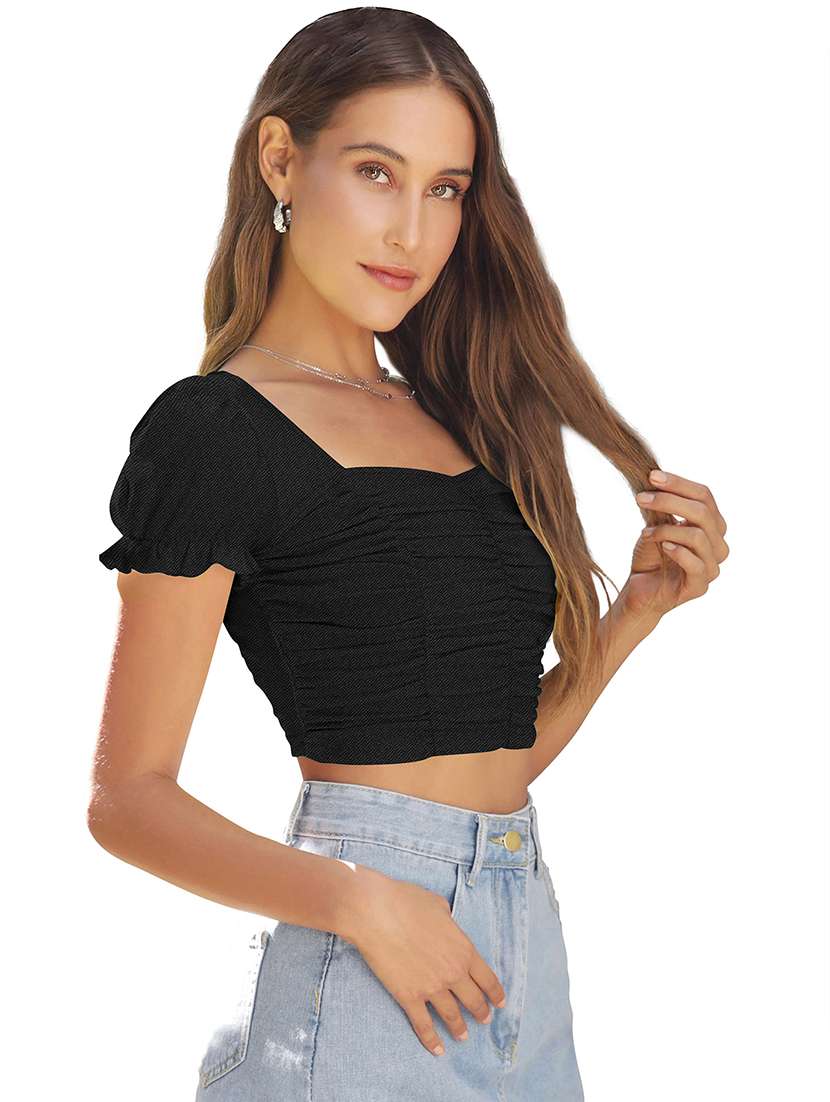 women solid puff sleeve ruched crop top - 22254510 -  Standard Image - 1