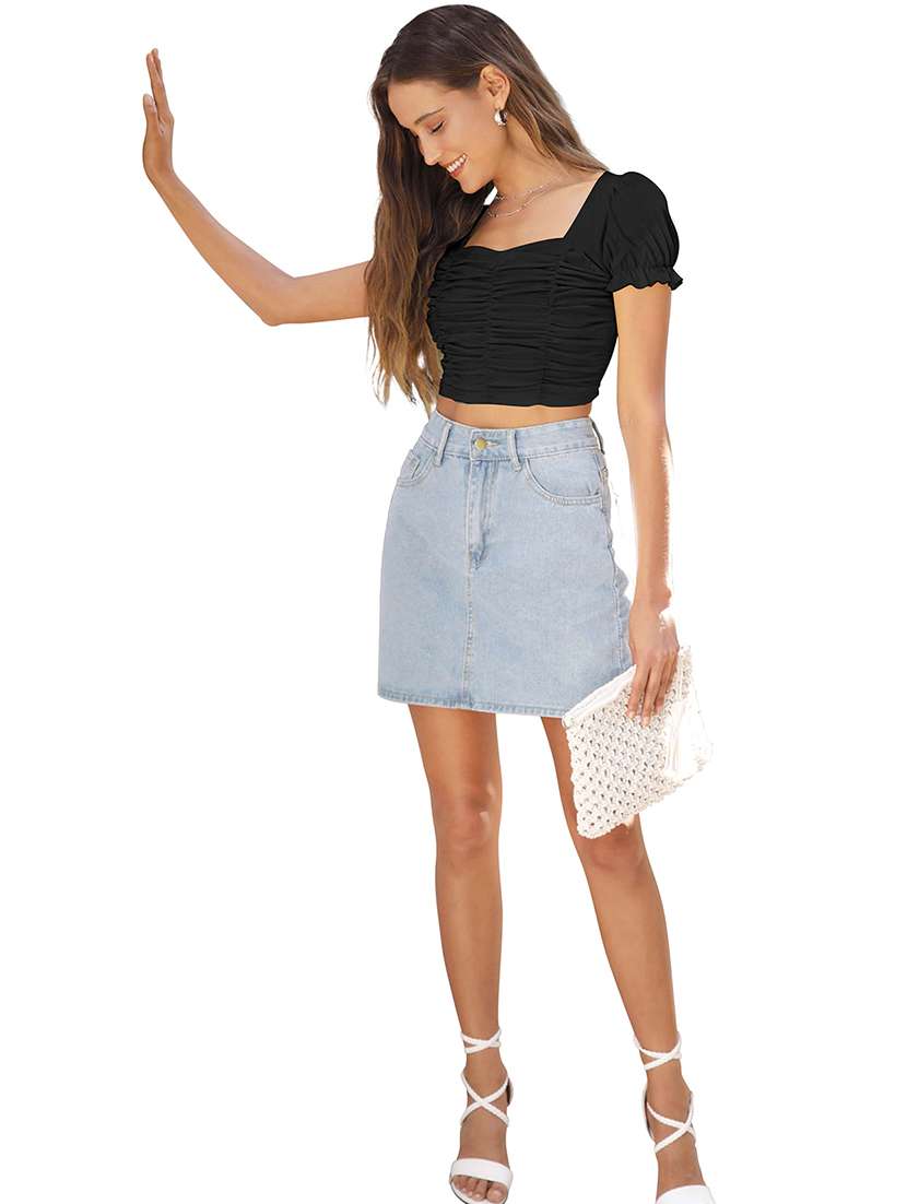 women solid puff sleeve ruched crop top - 22254510 -  Standard Image - 4