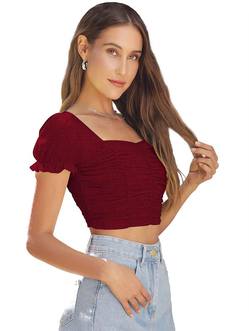 women solid puff sleeve ruched crop top - 22254511 -  Standard Image - 1