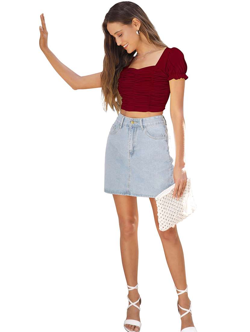 women solid puff sleeve ruched crop top - 22254511 -  Standard Image - 4