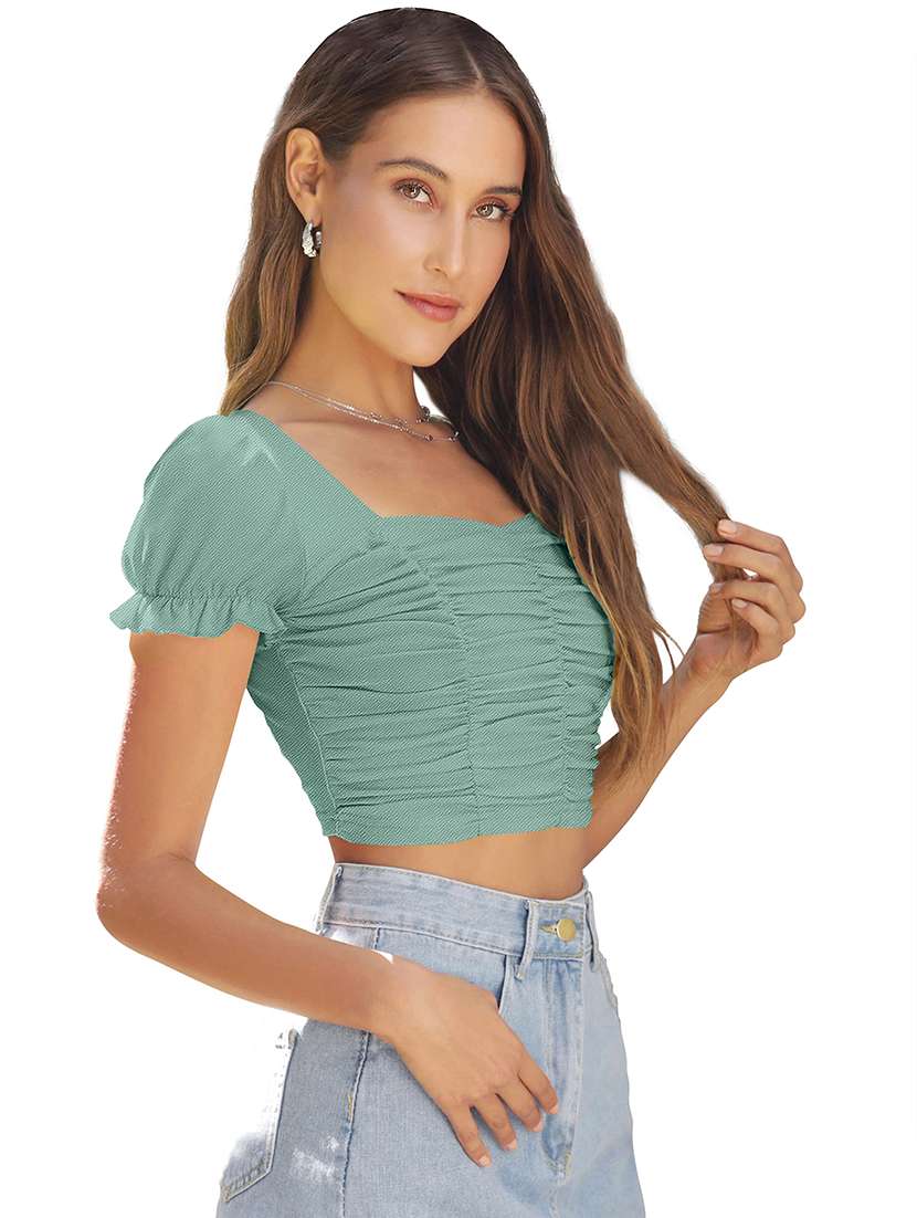 women solid puff sleeve ruched crop top - 22254512 -  Standard Image - 1
