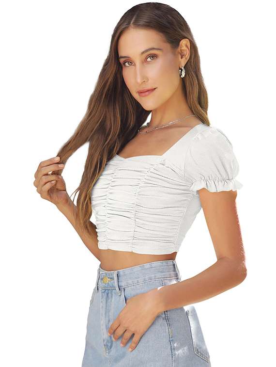 women solid puff sleeve ruched crop top - 22254513 -  Standard Image - 1