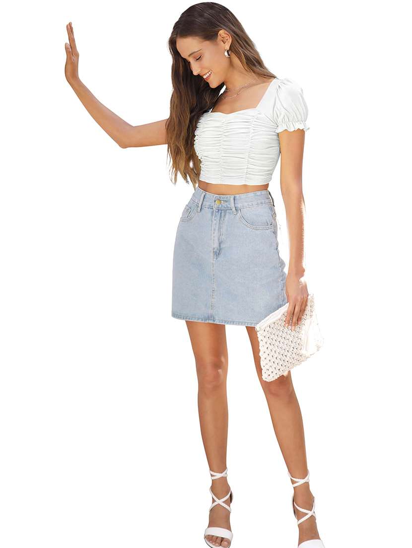 women solid puff sleeve ruched crop top - 22254513 -  Standard Image - 4