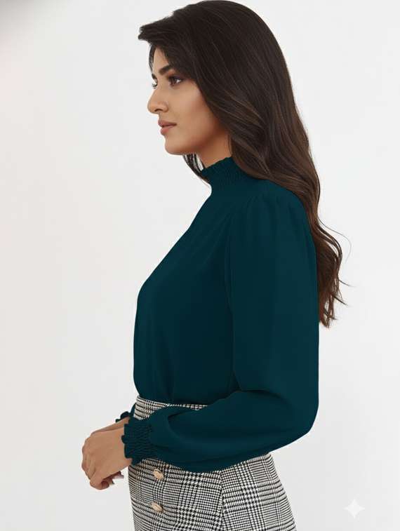 women solid mock neck puff sleeve top - 22254515 -  Standard Image - 1