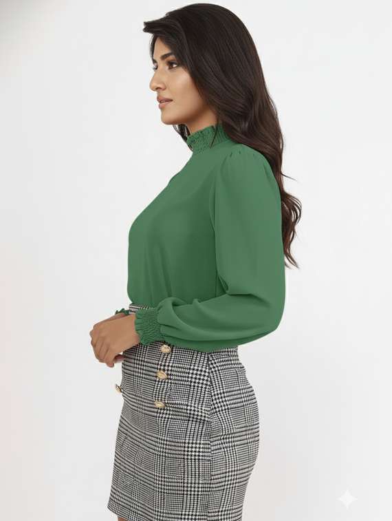 women solid mock neck puff sleeve top - 22254516 -  Standard Image - 1