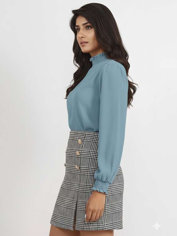 women solid mock neck puff sleeve top - 22254517 -  Standard Image - 1