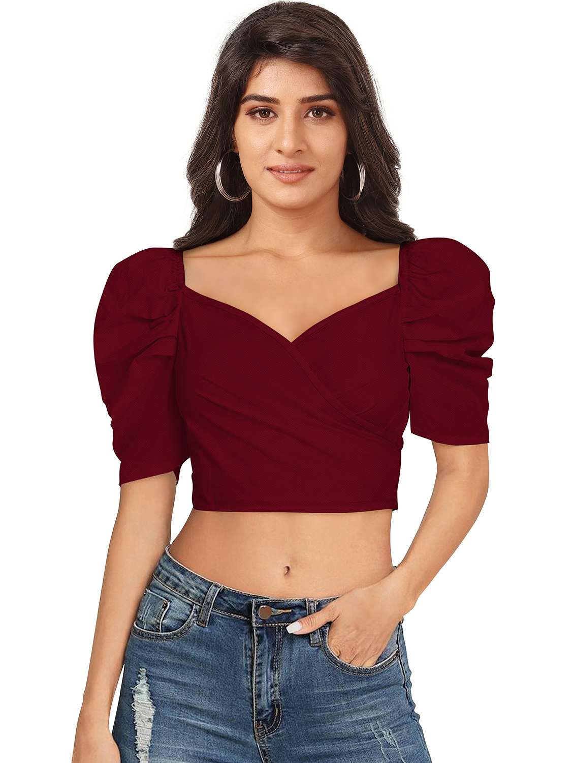 women solid puff sleeve crop top