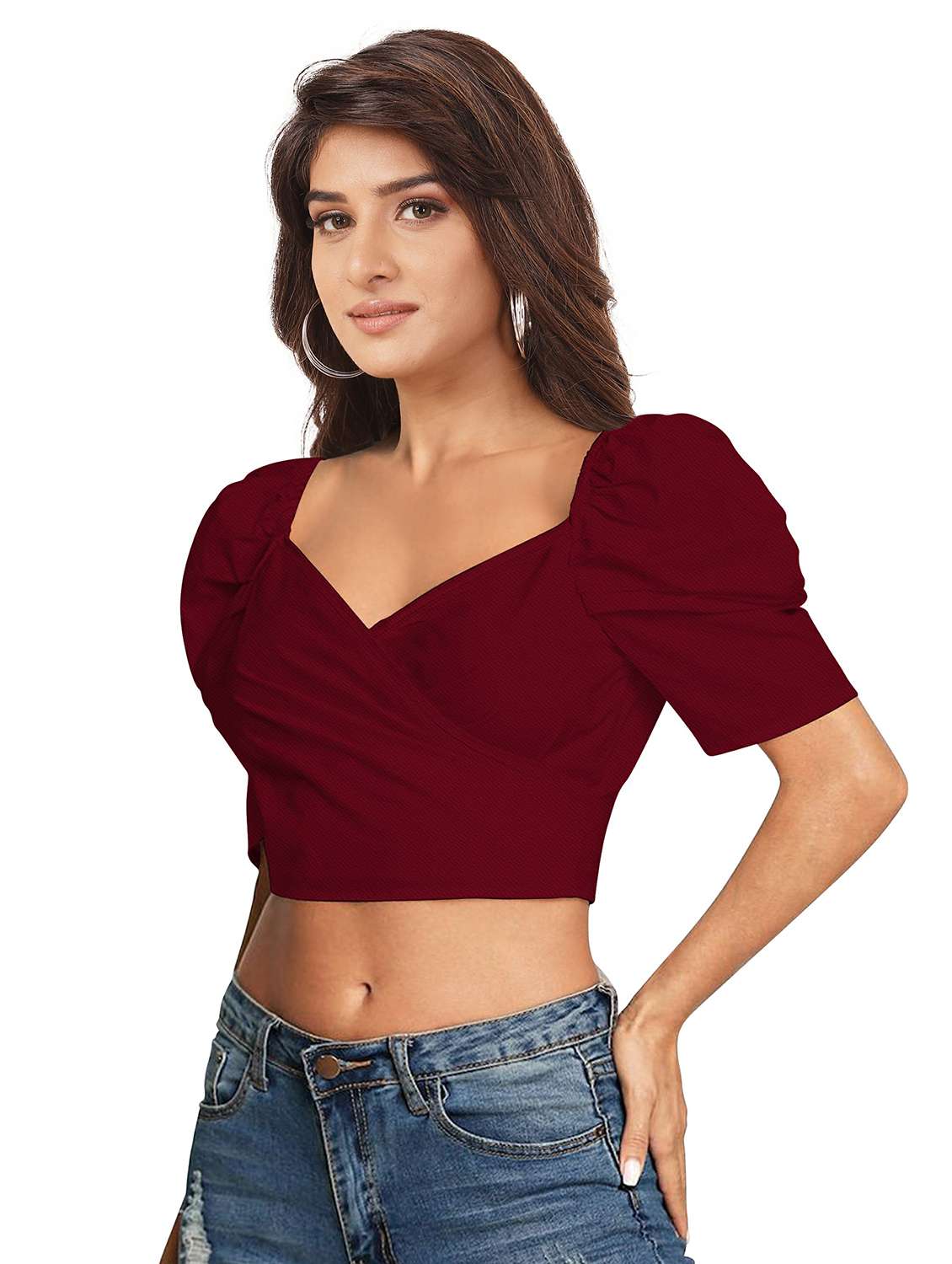 women solid puff sleeve crop top - 22254524 -  Standard Image - 1