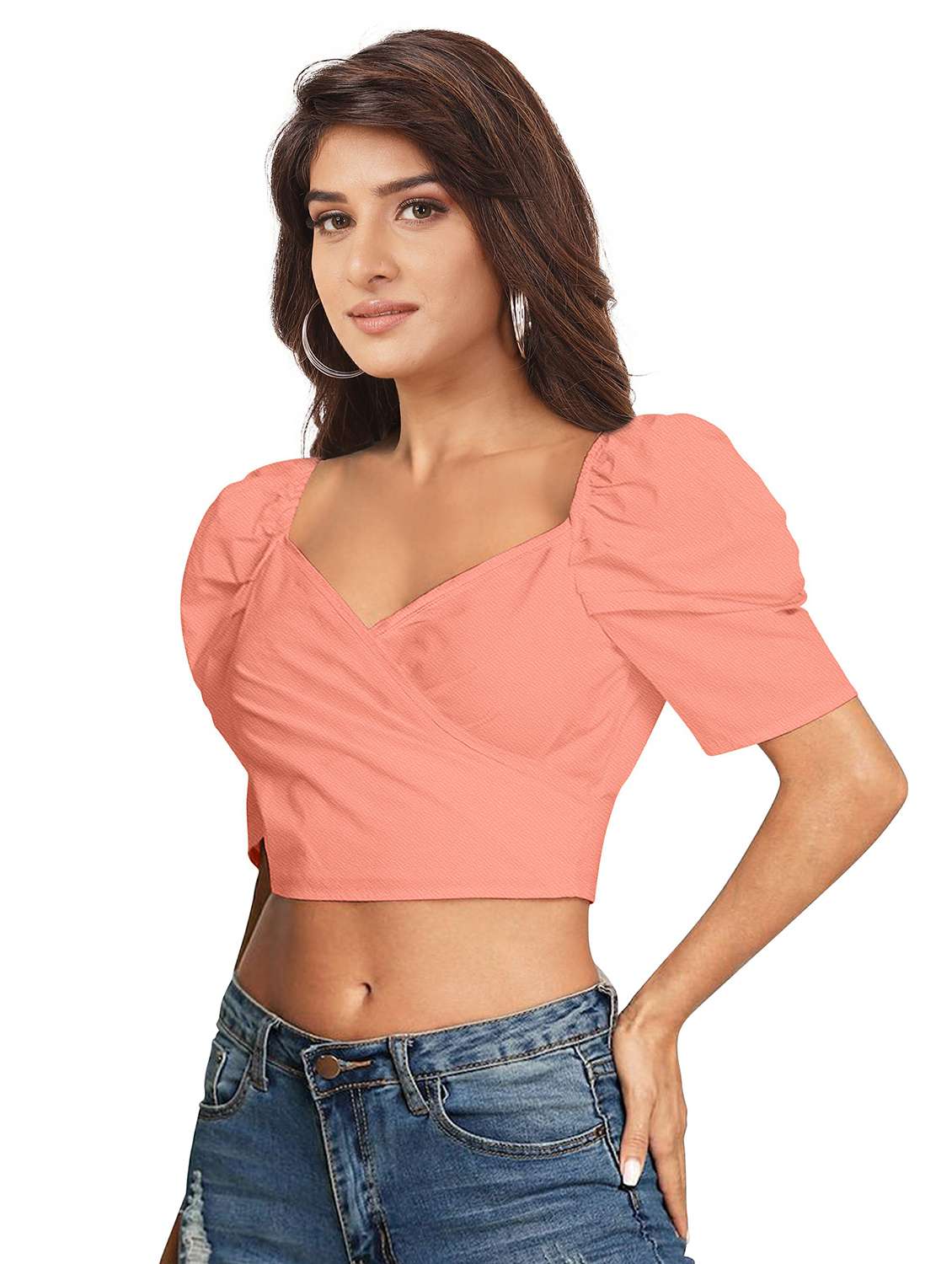 women solid puff sleeve crop top - 22254525 -  Standard Image - 1