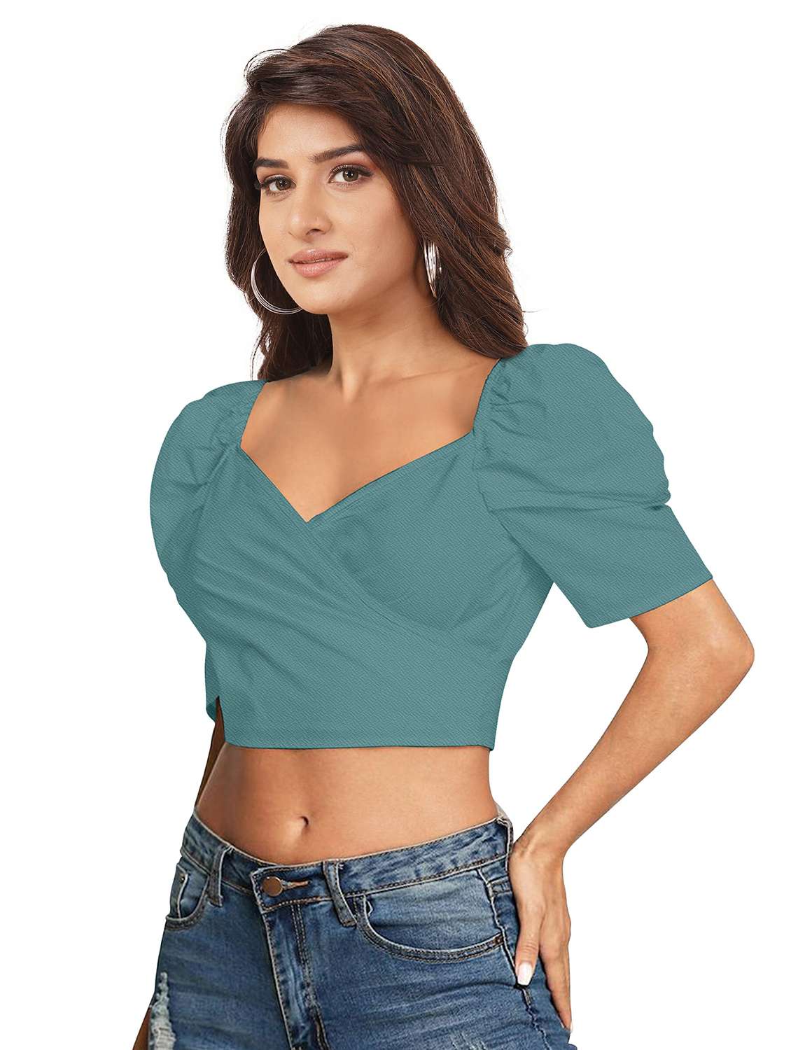 women solid puff sleeve crop top - 22254526 -  Standard Image - 1