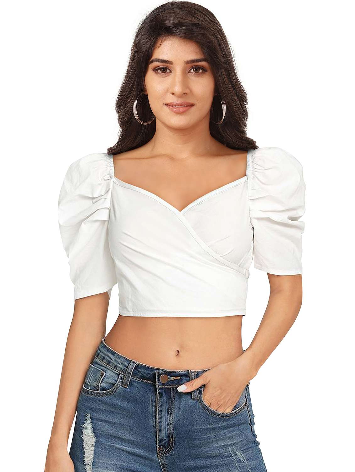 women solid puff sleeve crop top