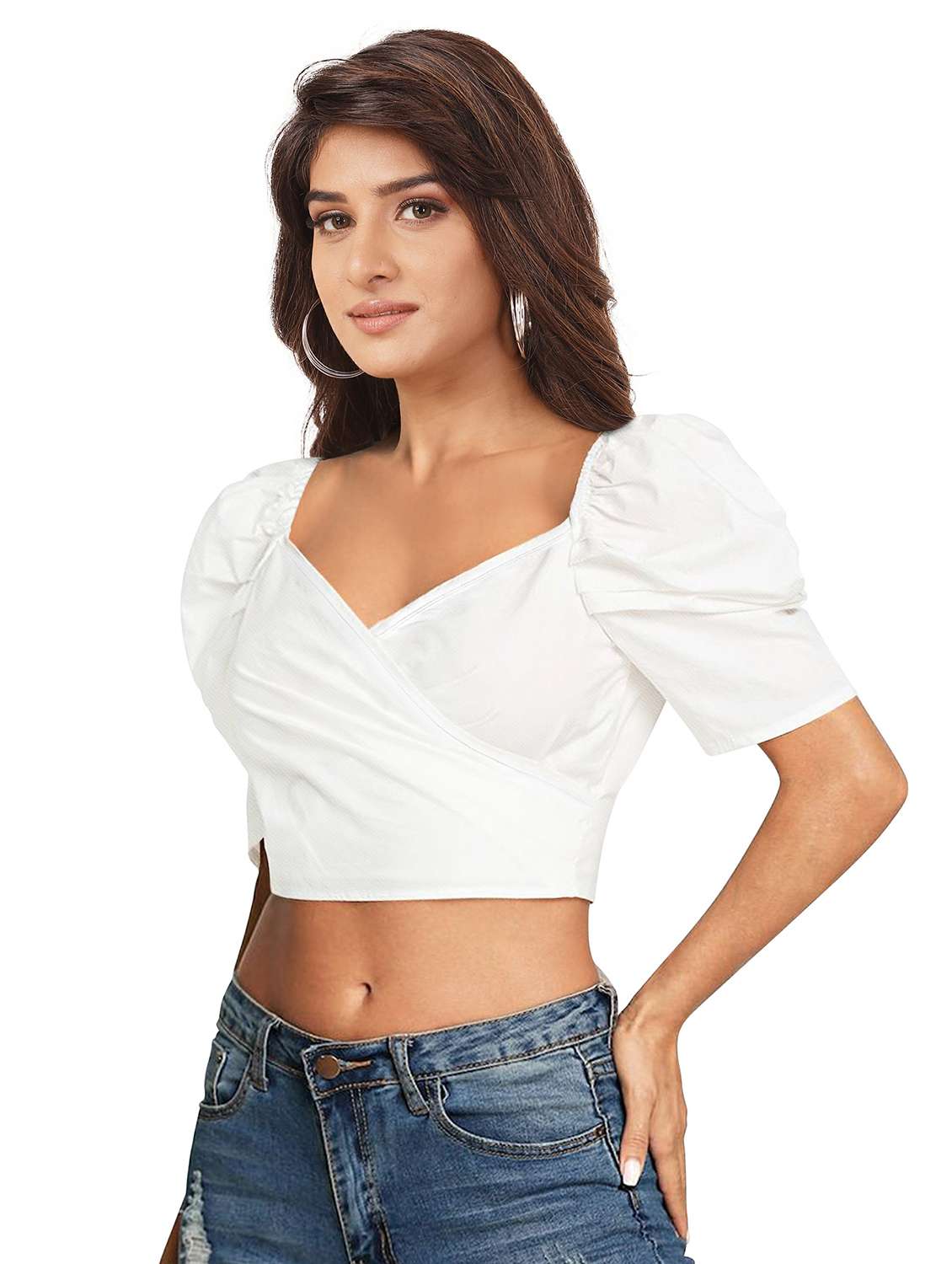women solid puff sleeve crop top - 22254527 -  Standard Image - 1