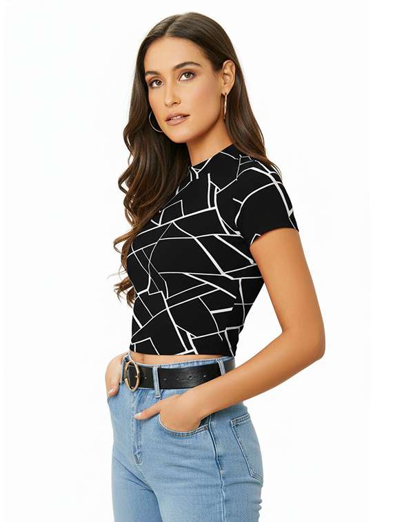 women printed mock neck short sleeve crop top - 22254531 -  Standard Image - 1