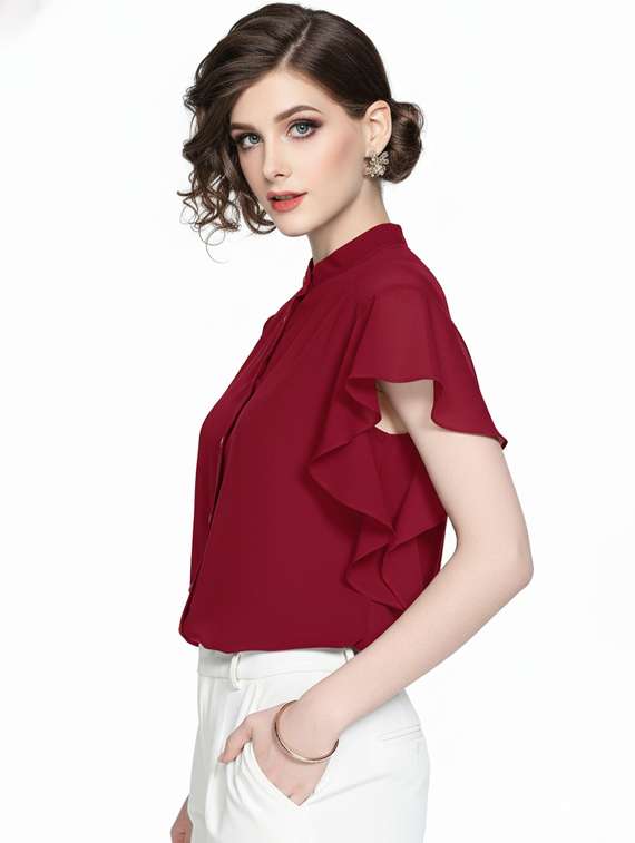 women solid ruffle sleeve regular top - 22254534 -  Standard Image - 1
